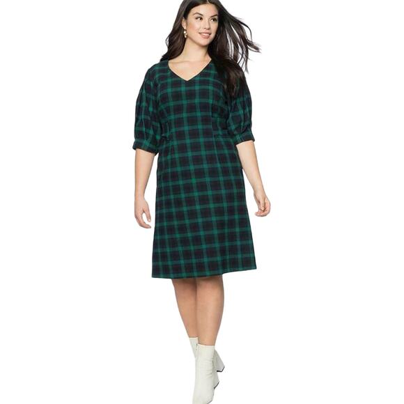 Eloquii Dresses & Skirts - Eloquii Cotton Flannel Green Navy Plaid Tie Back Office Casual Fall Winter Dress